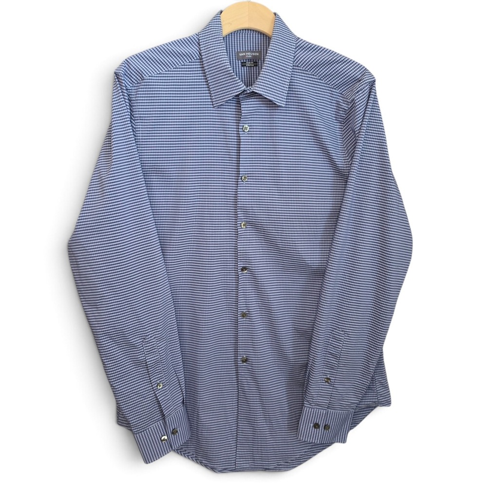 Van Heusen Flex Dress Shirt Mens 16 34/35 Blue Check Slim Fit Stretch Career